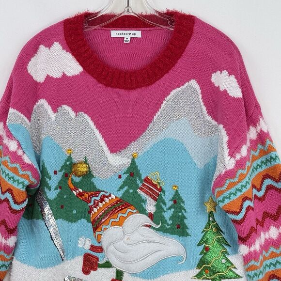 Hooked Up Embellished Ugly Christmas Sweater Pink Multicolor Size M - Picture 7 of 16